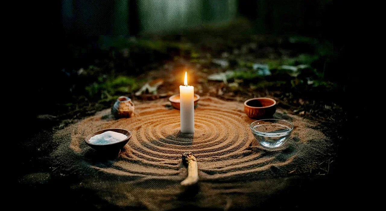 A candle in a circle. Learn protection spells like casting a circle of light in this blog by Art of the Root.