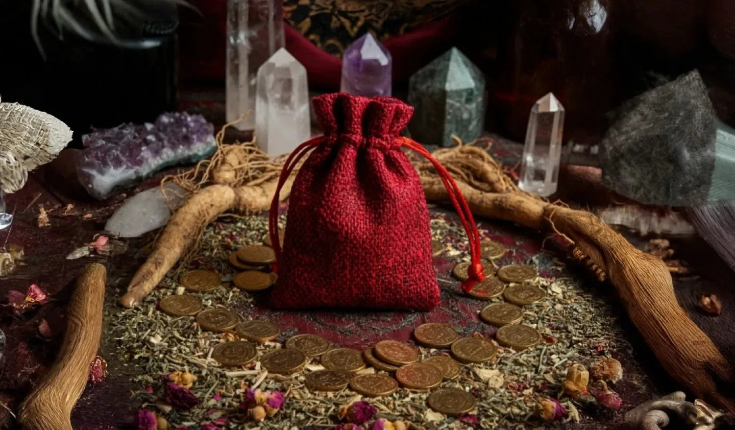 A mojo bag surrounded by coins and crystals. Read how to make a mojo bag in this blog.