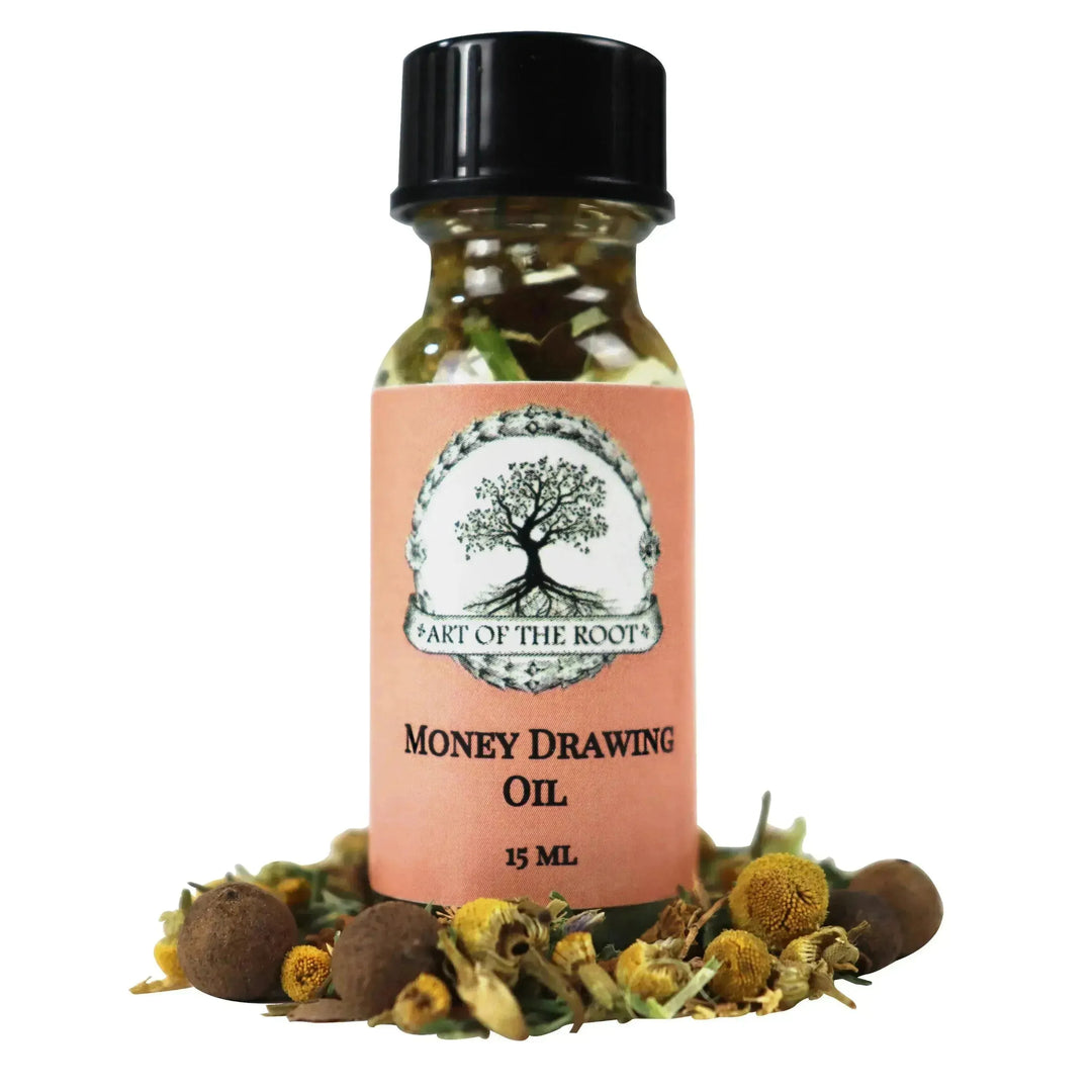 A bottle of handmade Money Drawing Oil. Shop Money Oil and more at Art of the Root.