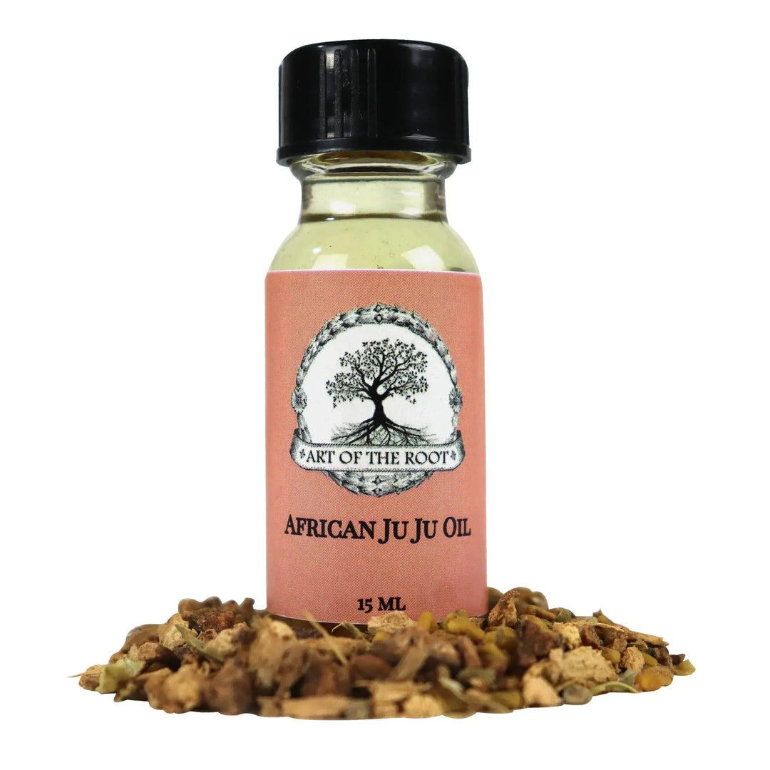 Bottle of African Juju Oil by Art of the Root, used for luck, power, protection & prosperity in spiritual rituals.