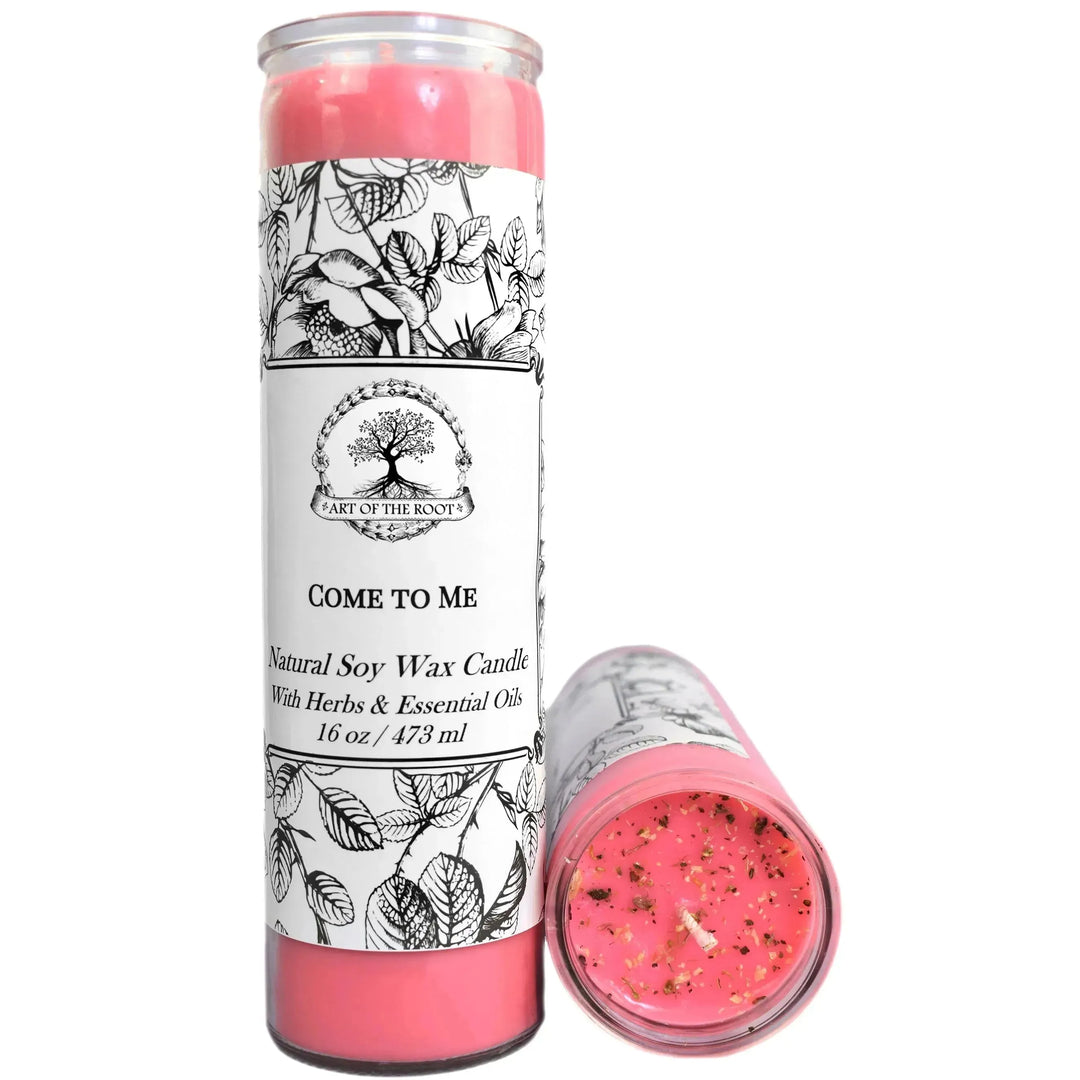 Art of the Root pink Come to Me Candle for come to me spells, rituals, and manifestation.