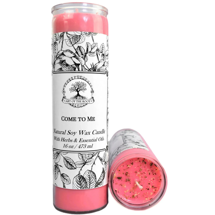 Art of the Root pink Come to Me Candle for come to me spells, rituals, and manifestation.