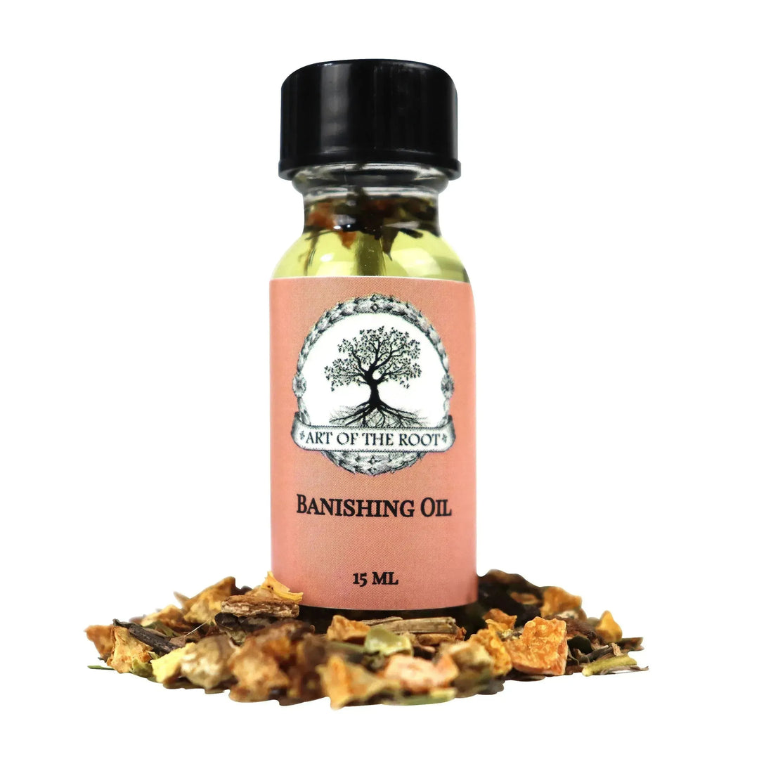 A bottle of Banishing Oil from Art of the Root, containing herbs and made for spiritual purposes.