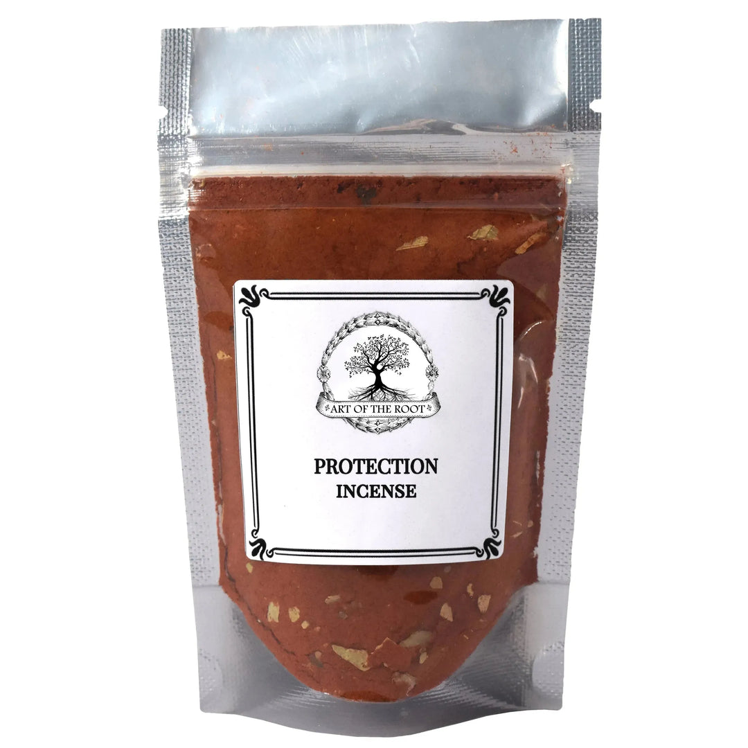 A sealed bag of Protection Incense with a label showing the brand and product name, Art of the Root.