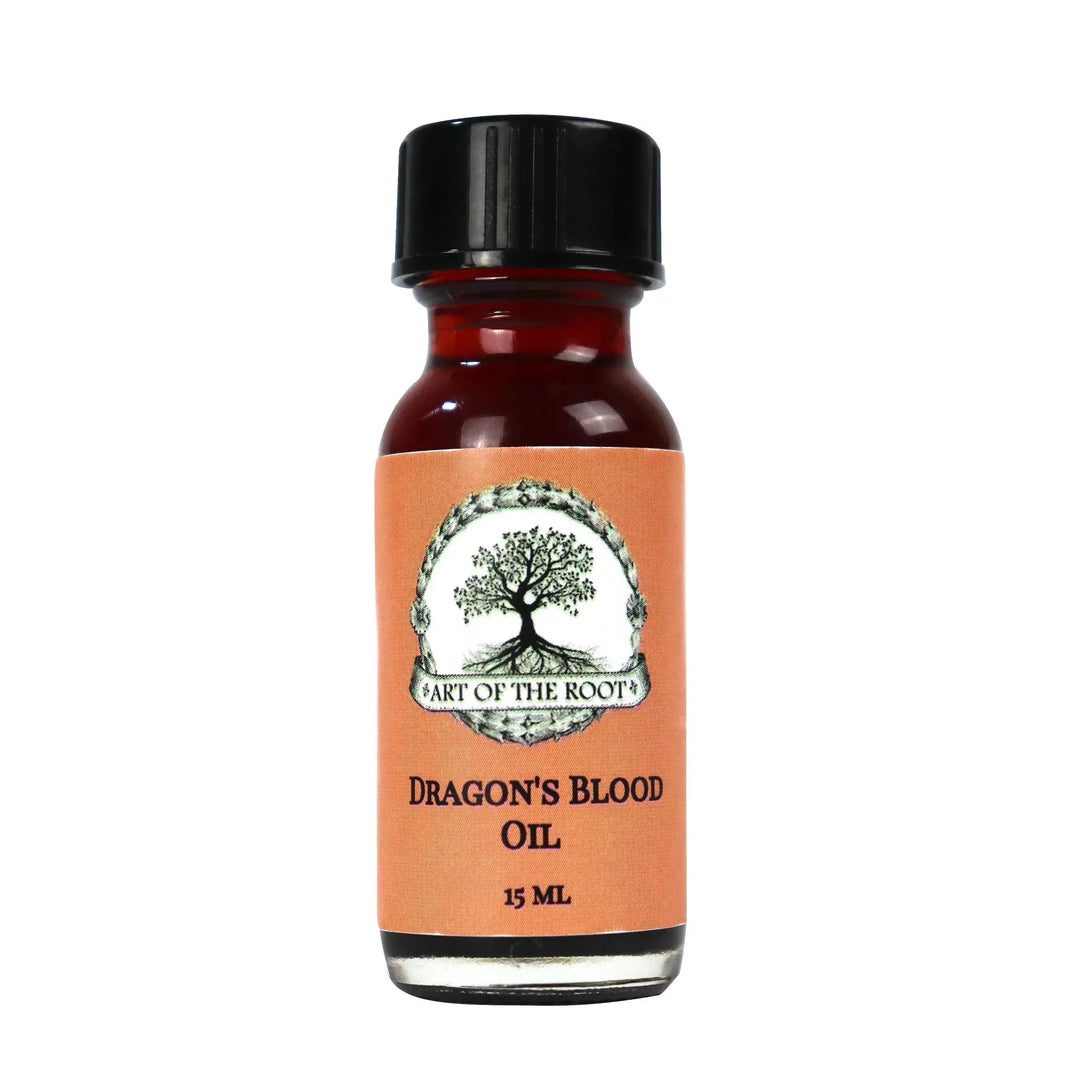 A bottle of Dragon’s Blood Oil by Art of the Root metaphysical supply store.