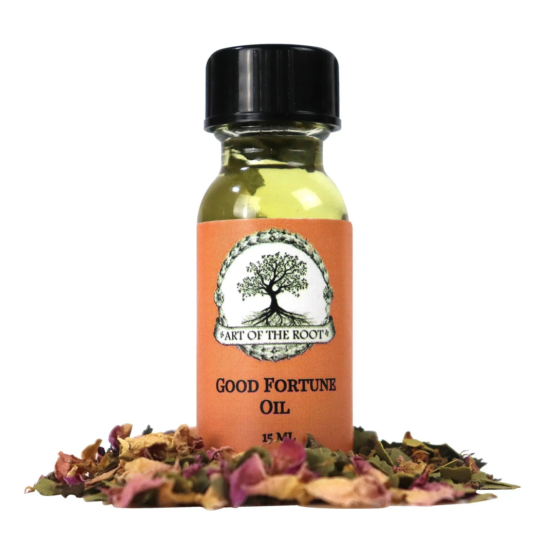 Bottle of Good Fortune Oil by Art of the Root, handcrafted for prosperity, success, blessings & luck in magical rituals.