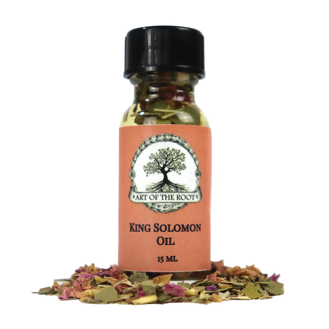 A bottle of King Solomon Oil, handmade by Art of the Root.