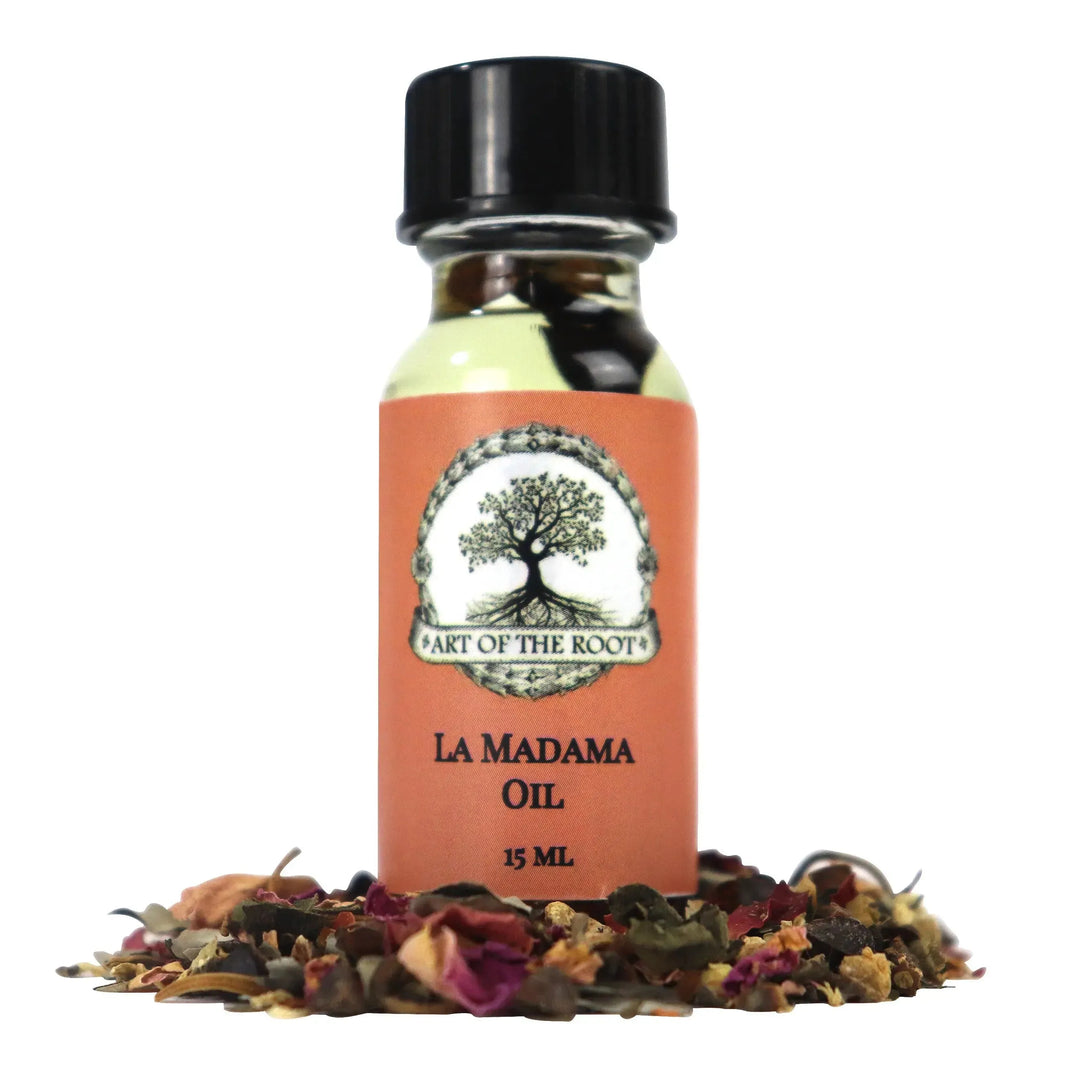 A bottle Art of the Root La Madama Oil handmade in America.