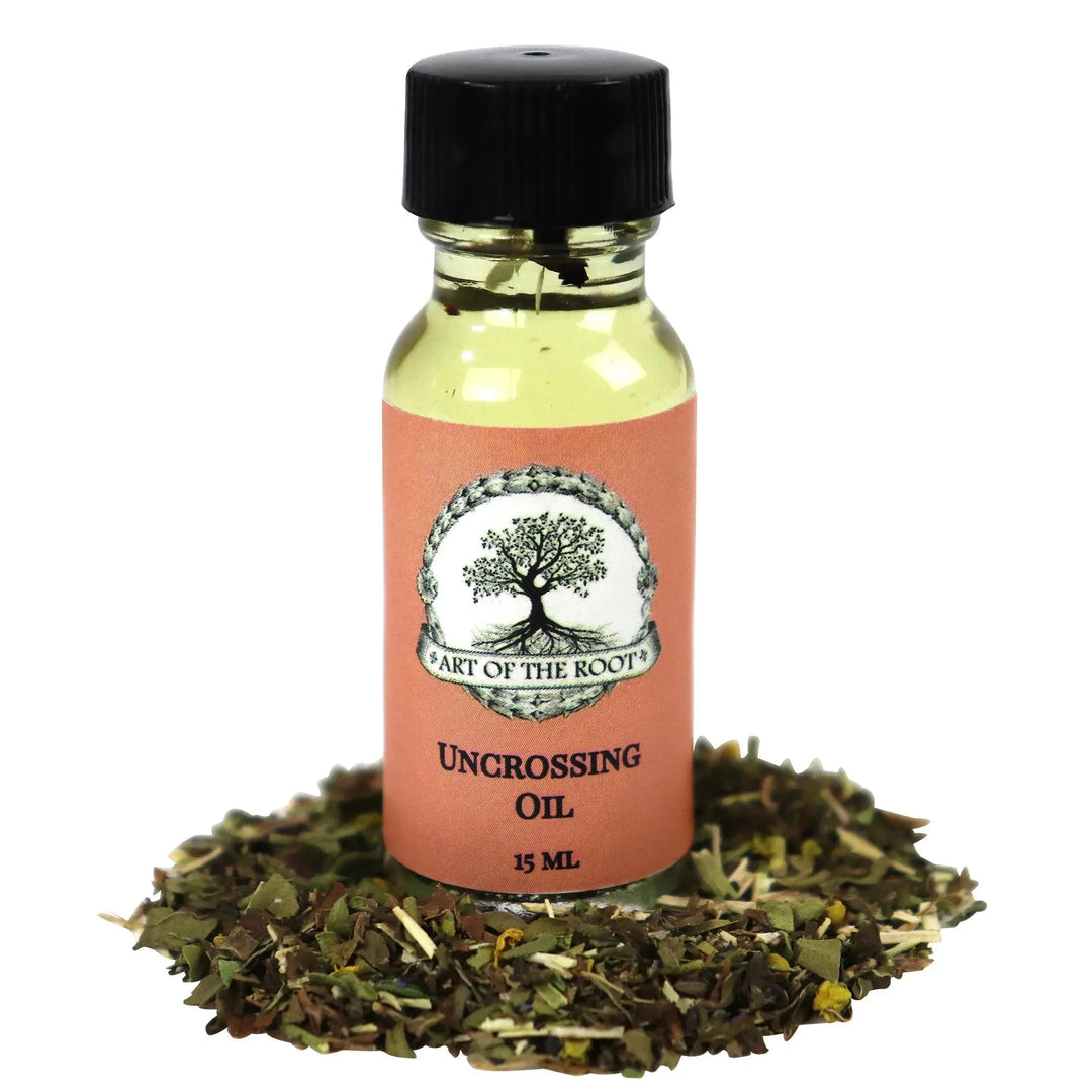 A bottle of Art of the Root’s handmade Uncrossing Oil for purification rituals.