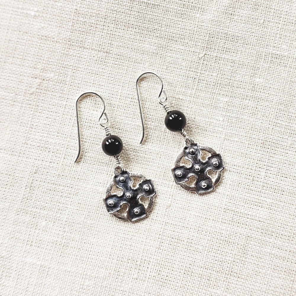 Fine Slver Celtic Cross Earrings with Black Onyx crystal accents on linen