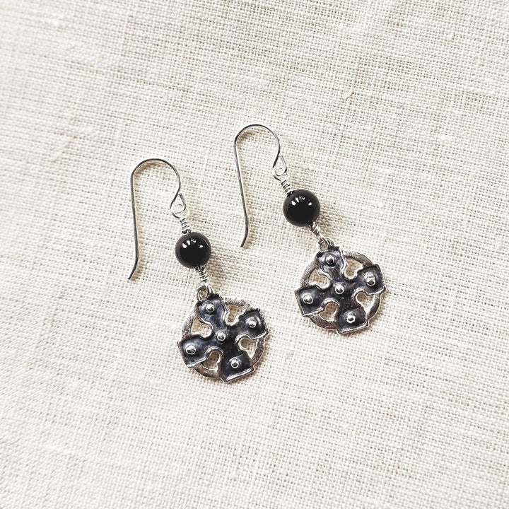 Fine Slver Celtic Cross Earrings with Black Onyx crystal accents on linen