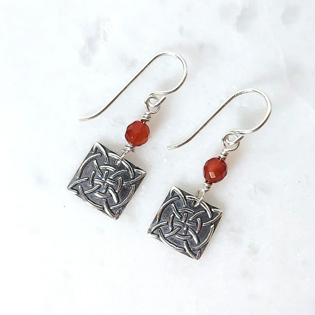 Handmade Celtic Shield Knot Earrings with Carnelian Gemstone Accent