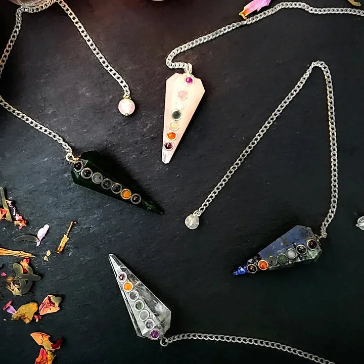 Chakra Pendulums in Green Aventurine, Lapis, Rose Quartz and Rainbow Moonstone