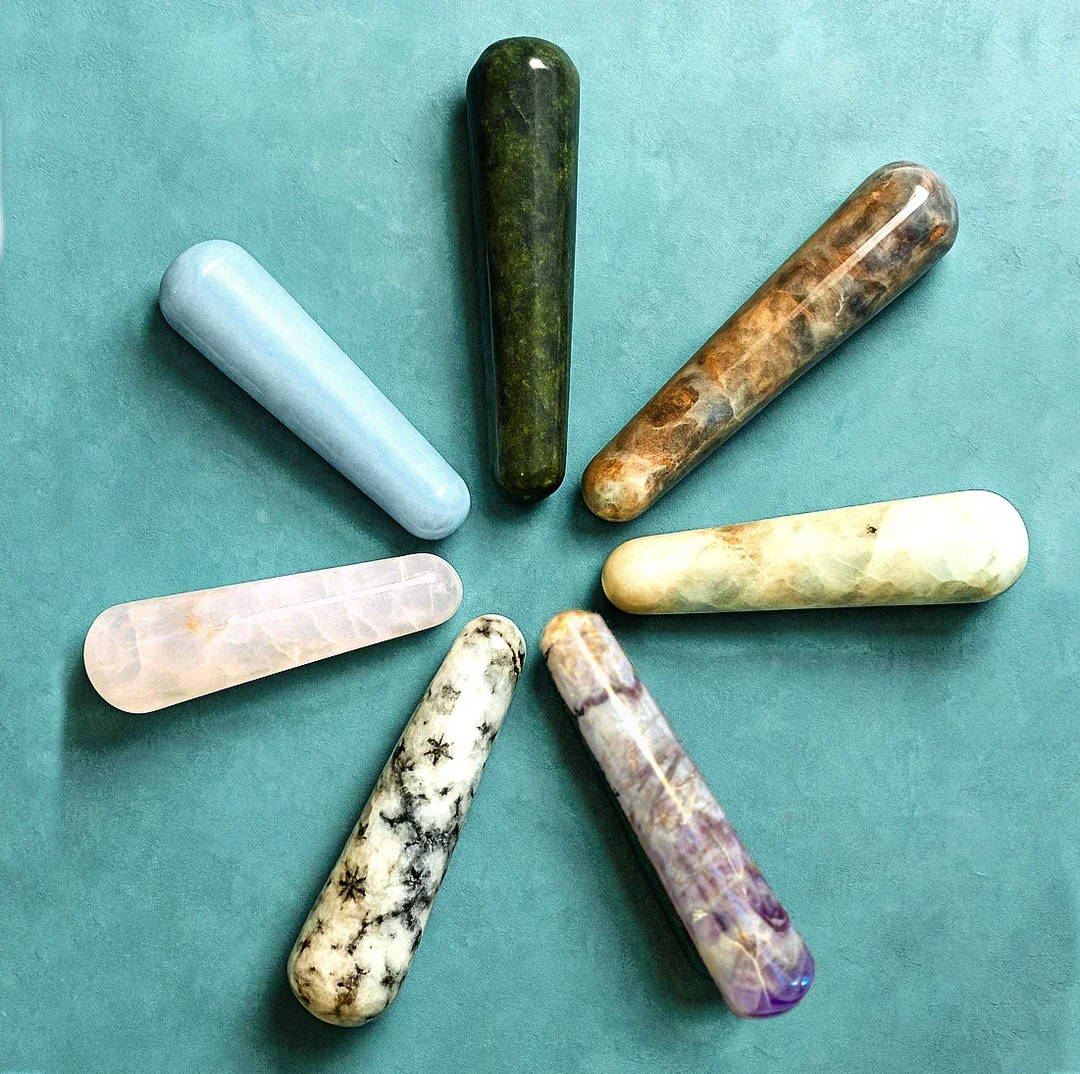 Crystal Wands in Angelite, Rose Quartz, Labradorite, Amethyst, and Moonstone for Healing, Rituals, and Meditation