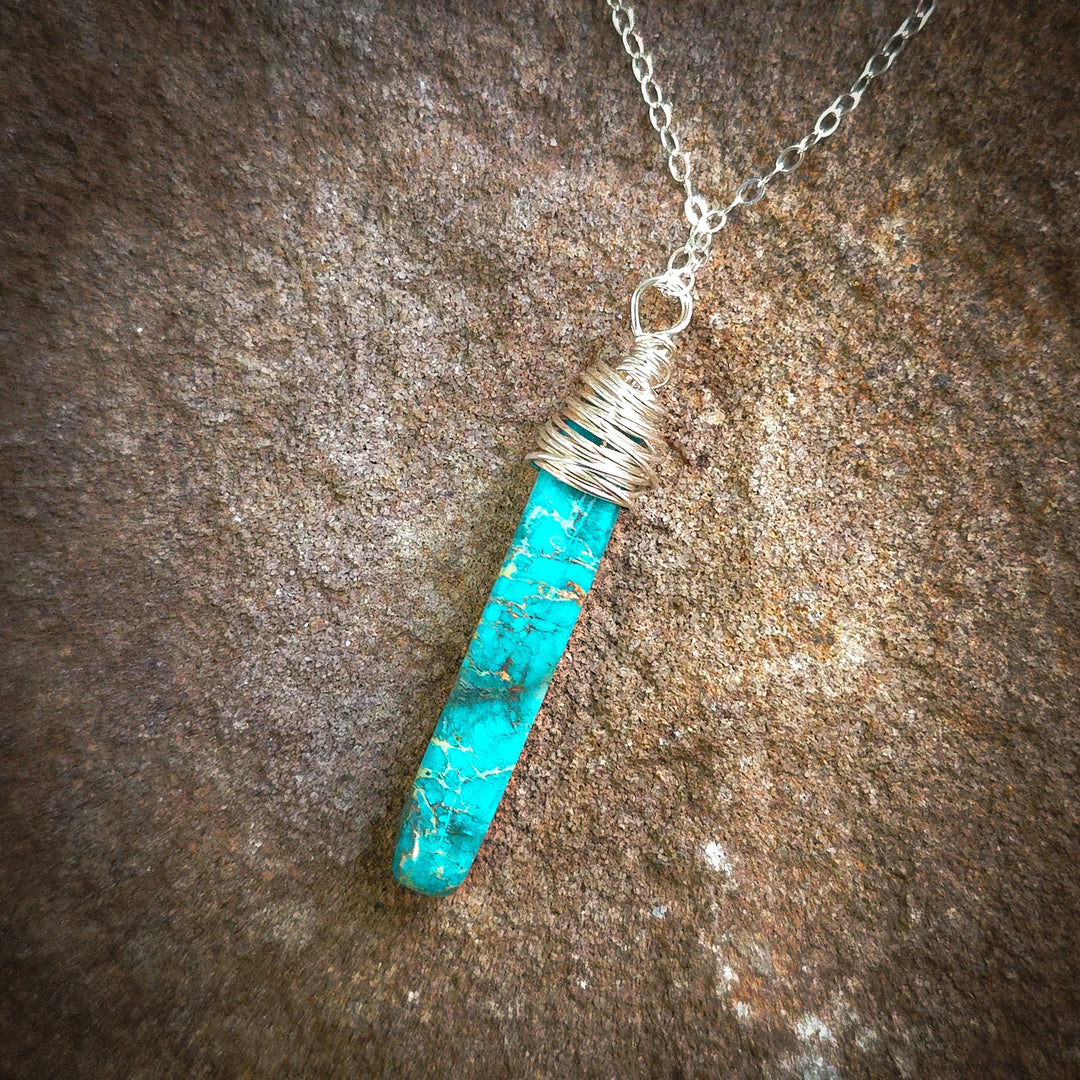 Turquoise Howlite Necklace Wire Wrapped in Sterling Silver – 2 Inch Pendant on 18 Inch Chain