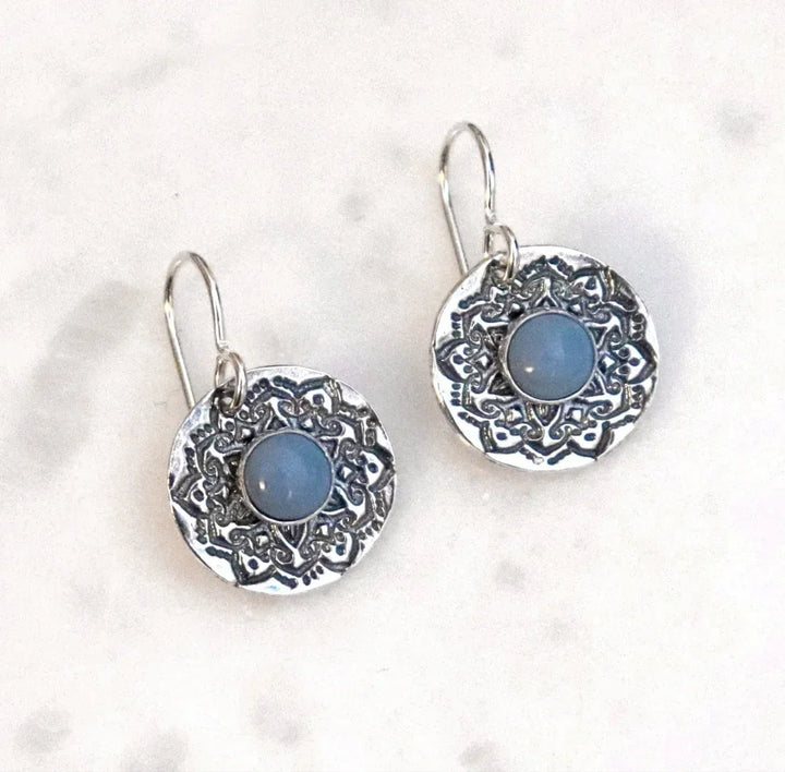 Silver Mandala Earrings with Rose Quartz, Onyx, or Blue Opal Gemstones