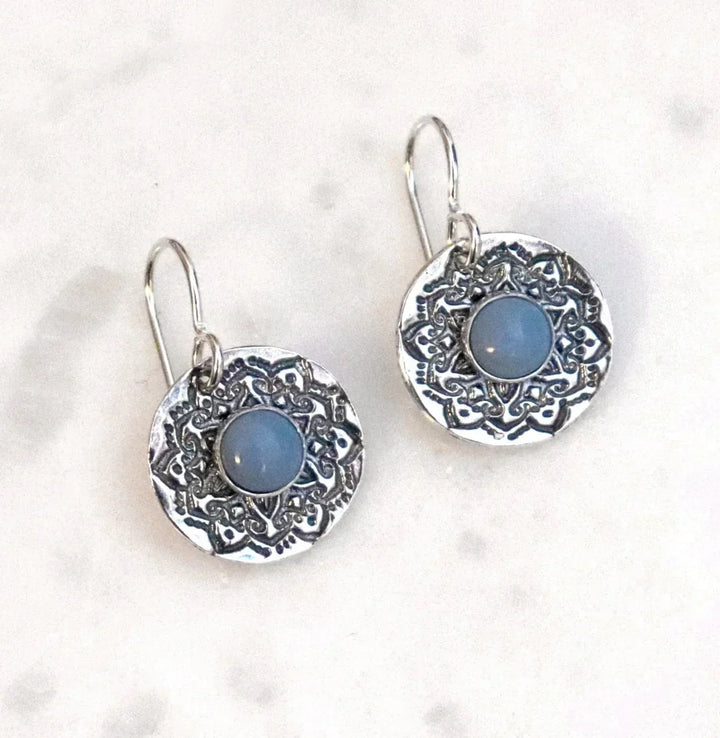 Silver Mandala Earrings with Rose Quartz, Onyx, or Blue Opal Gemstones