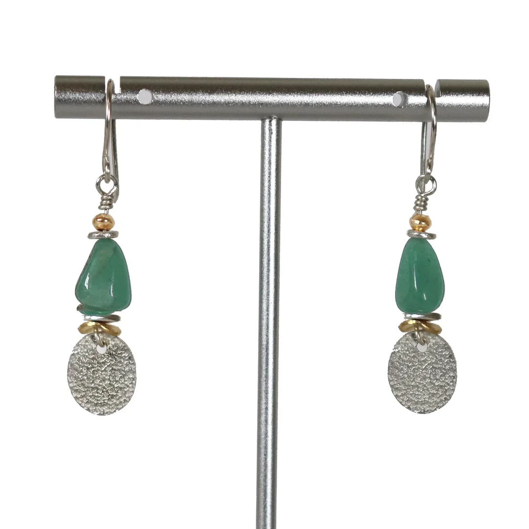 Green Quartz Dangle Gemstone Earrings with Sterling Silver and Gold Details