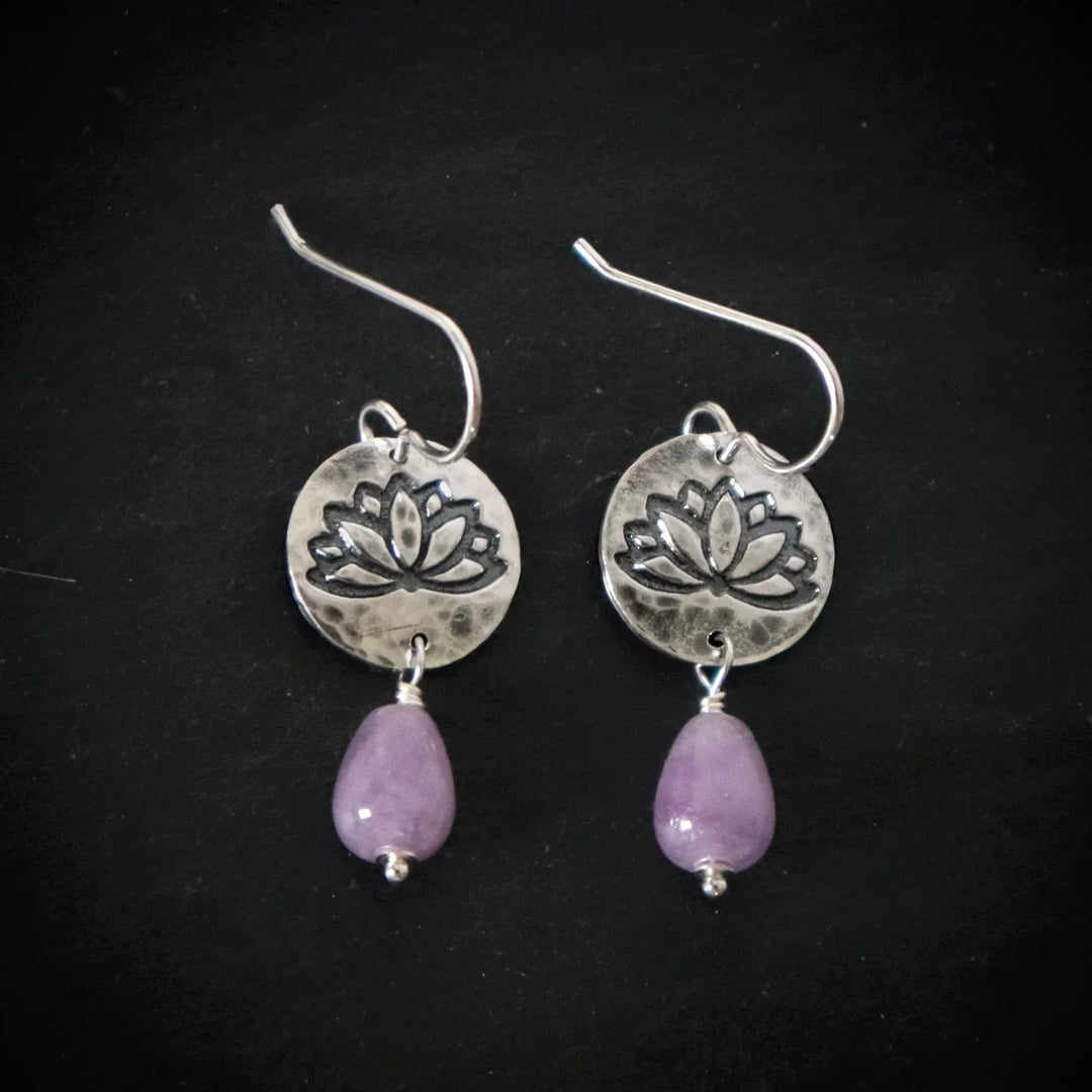 Boho Silver Lotus and Lavender Amethyst Earrings on Black Background