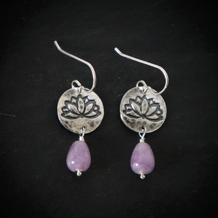 Boho Silver Lotus and Lavender Amethyst Earrings on Black Background