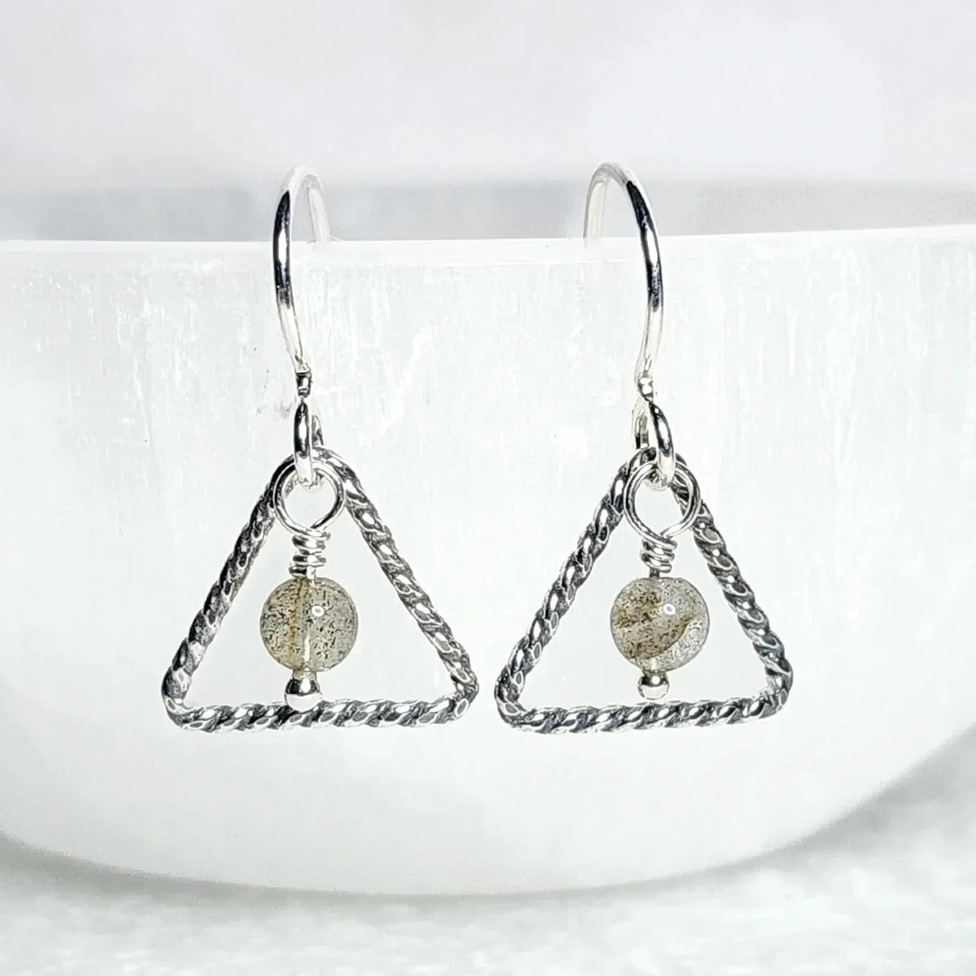 Sterling silver triangle earrings with labradorite gemstone bead – handcrafted crystal earrings for intuition and protection.