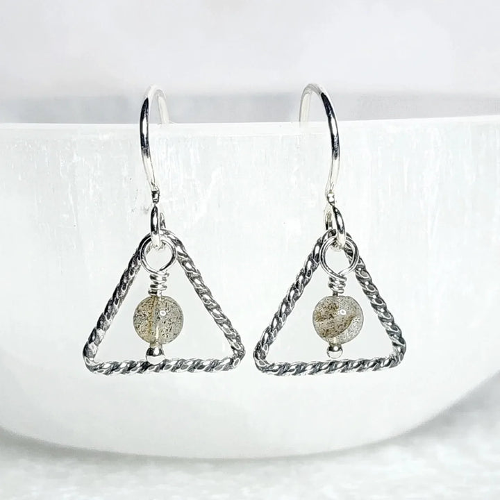 Sterling silver triangle earrings with labradorite gemstone bead – handcrafted crystal earrings for intuition and protection.