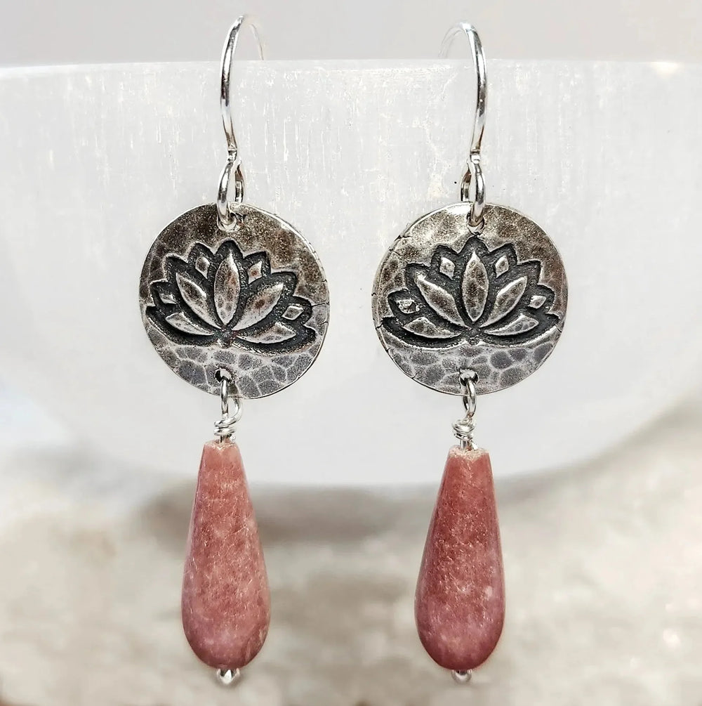 Fine silver lotus flower earrings with pink rhodochrosite crystal drops
