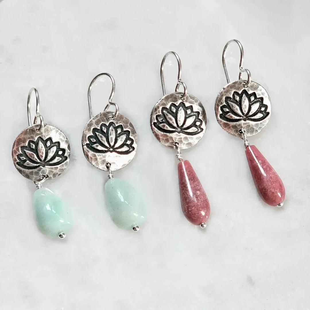 Lotus flower earrings in aquamarine and rhodochrosite gemstone options, handmade design
