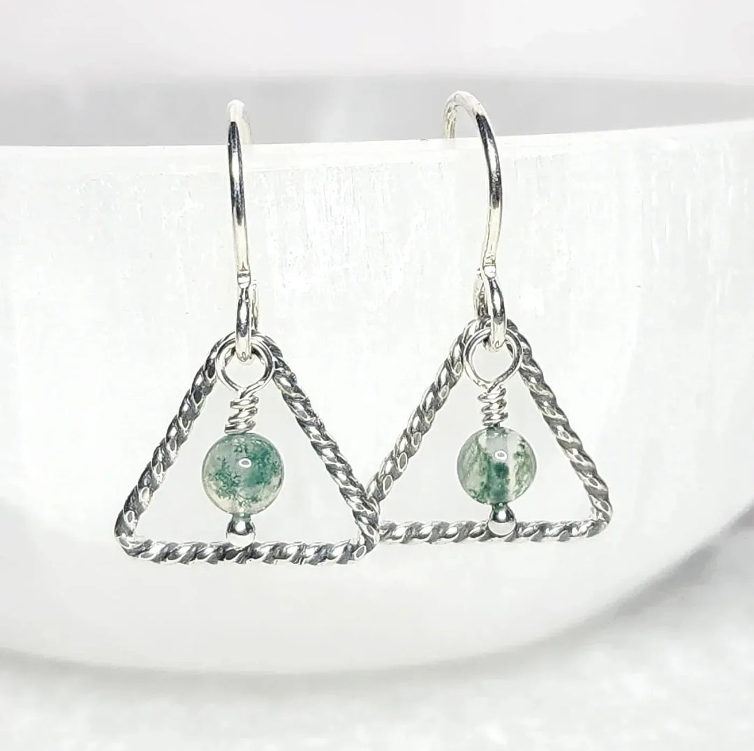 Sterling silver triangle earrings with moss agate gemstone bead – earthy handmade jewelry for grounding and balance.