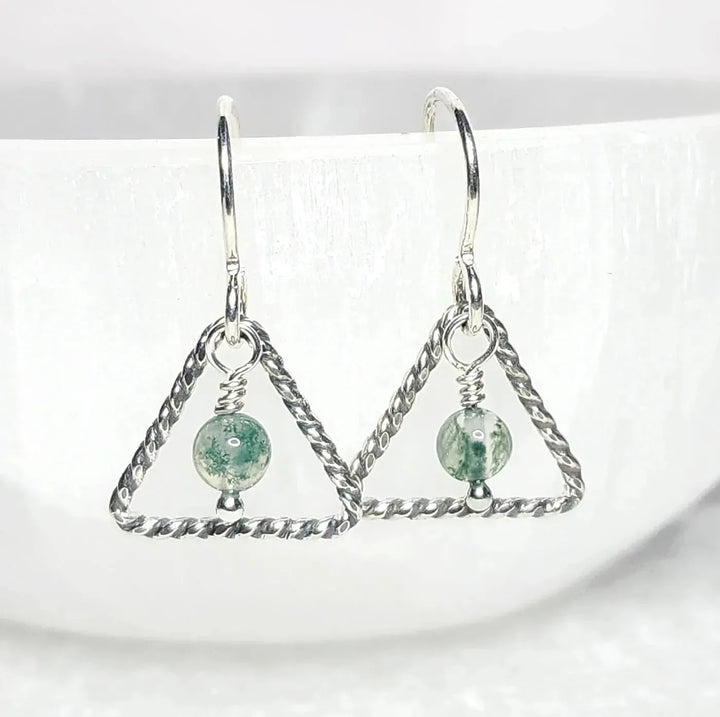 Sterling silver triangle earrings with moss agate gemstone bead – earthy handmade jewelry for grounding and balance.