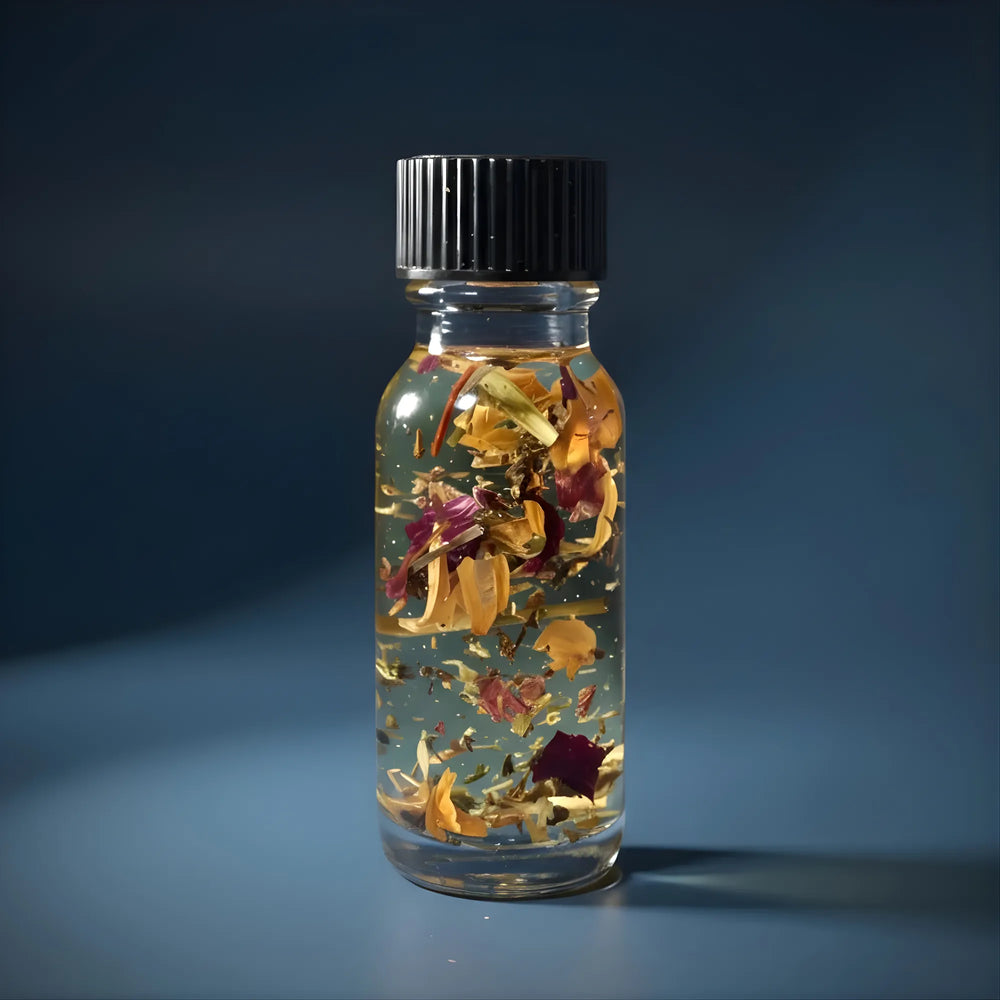 Say my Name Oil in glass bottle with black cap containing dried flowers on a blue gradient background