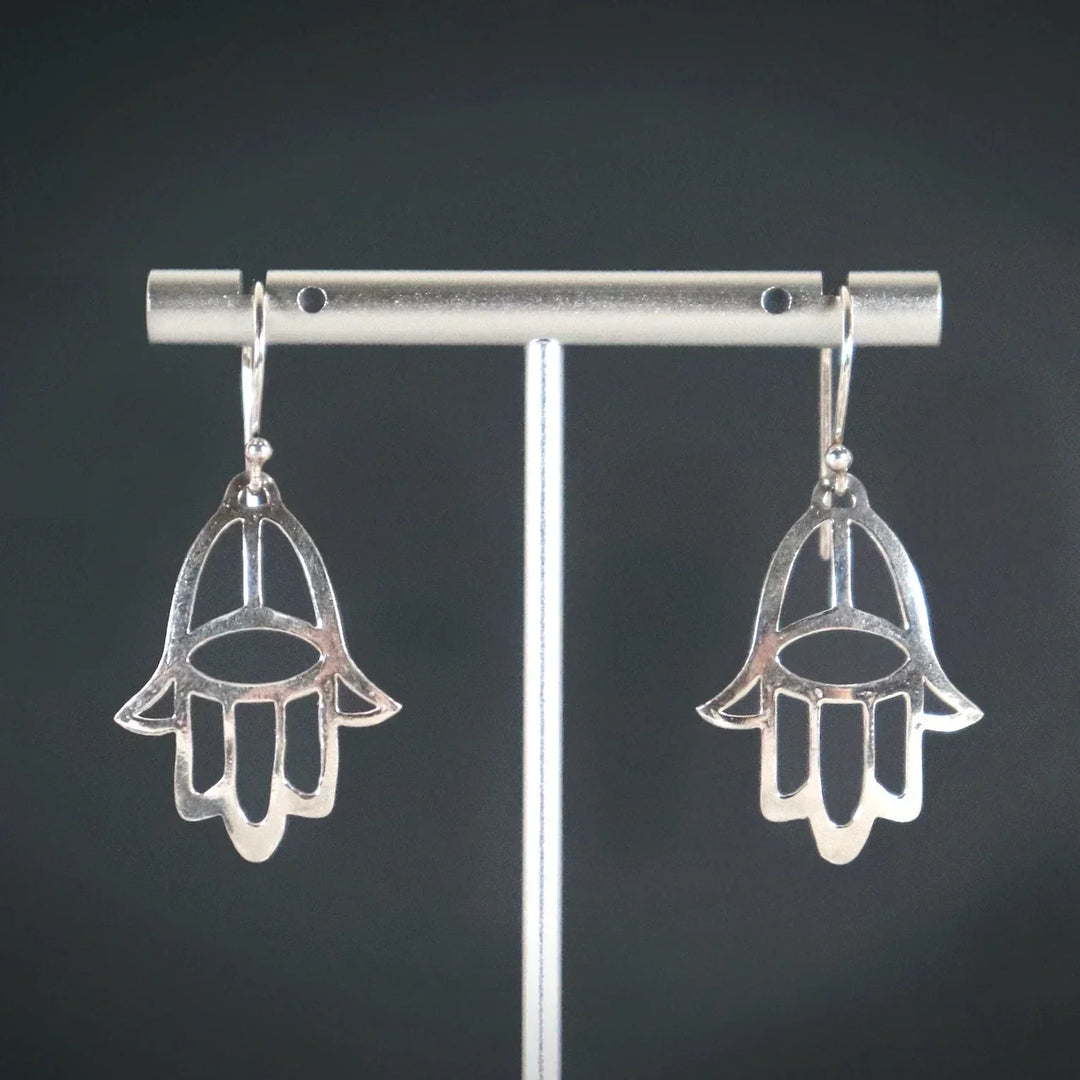 Handmade Fine Silver Hamsa Earrings on Display Stand