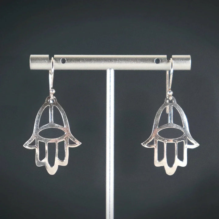 Handmade Fine Silver Hamsa Earrings on Display Stand