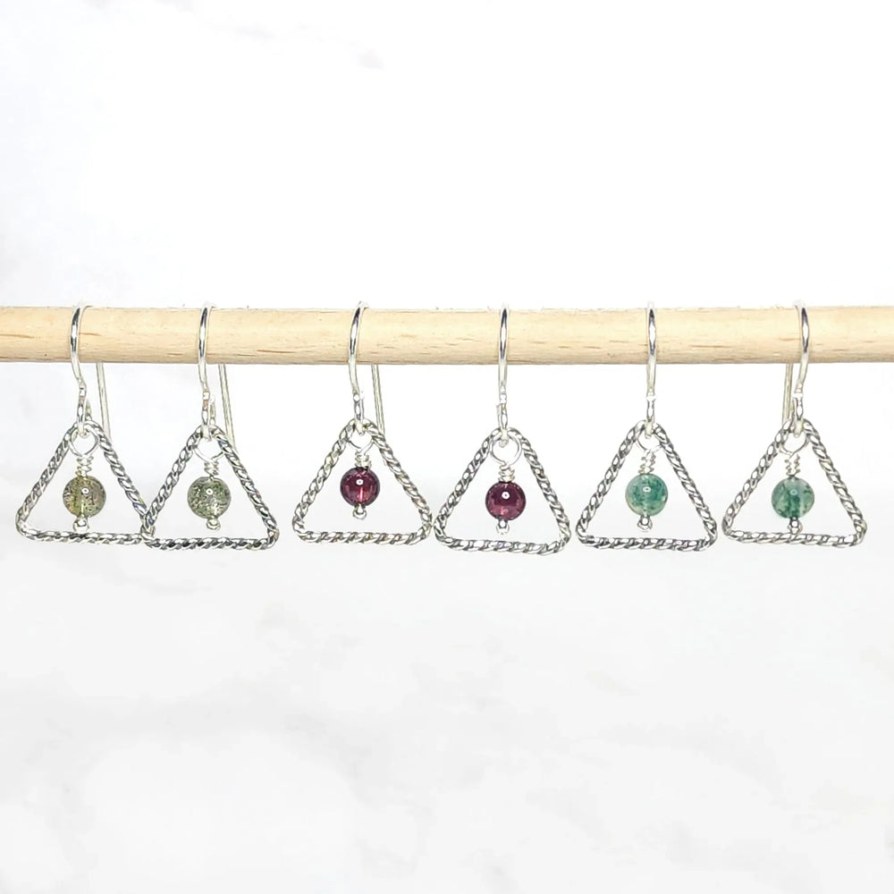 Sterling silver triangle earrings featuring moss agate, garnet, and labradorite gemstone beads – handmade crystal jewelry set.