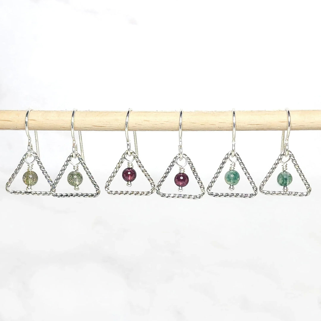 Sterling silver triangle earrings featuring moss agate, garnet, and labradorite gemstone beads – handmade crystal jewelry set.