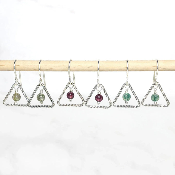 Sterling silver triangle earrings featuring moss agate, garnet, and labradorite gemstone beads – handmade crystal jewelry set.