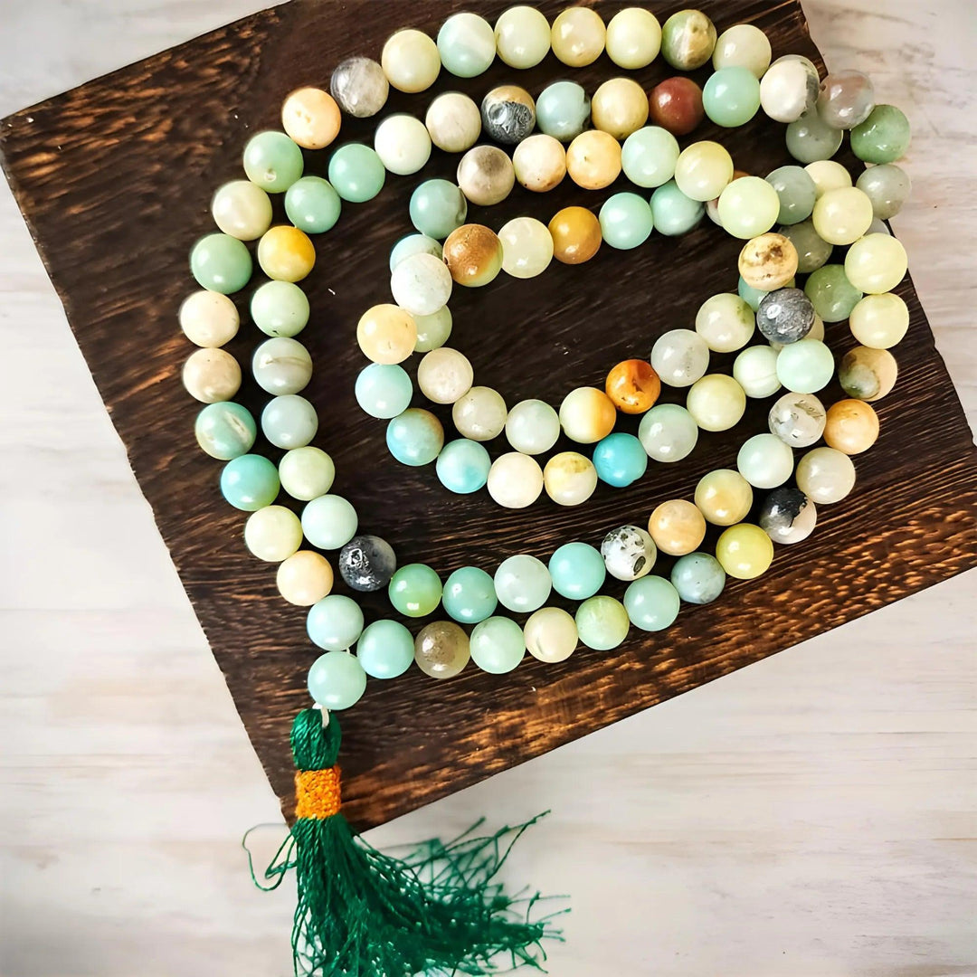 Art of the Root handmade Amazonite mala beads can be worn as a necklace or bracelet.