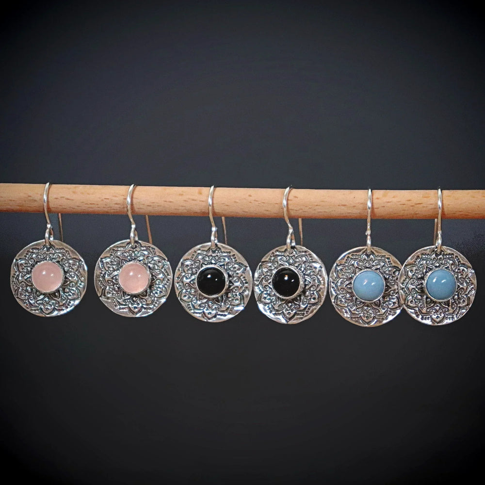 Silver and Crystal Mandala Earrings with Rose Quartz, Onyx, and Blue Opal Gemstones