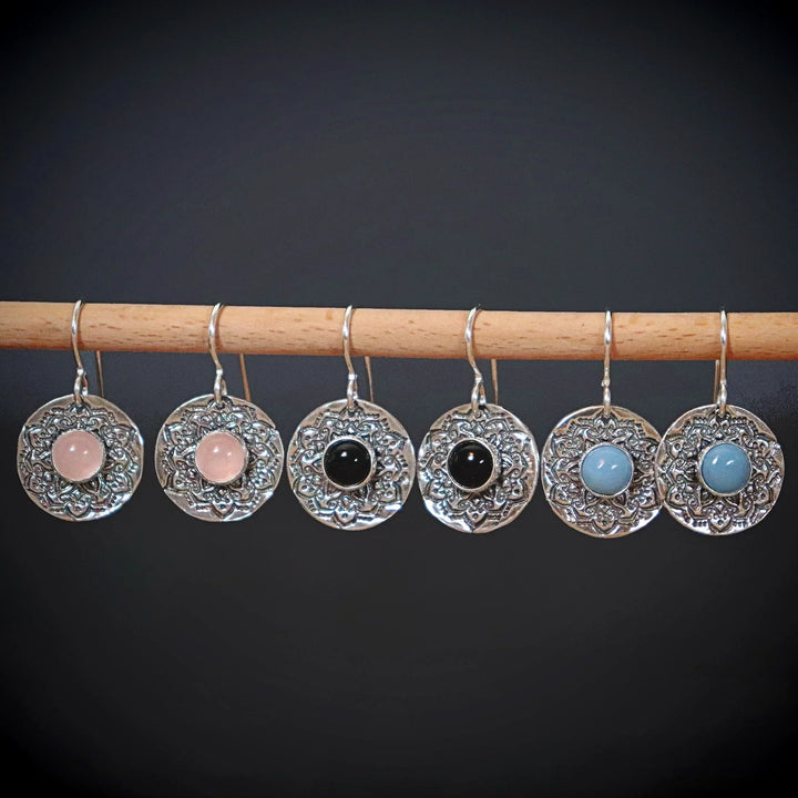 Silver and Crystal Mandala Earrings with Rose Quartz, Onyx, and Blue Opal Gemstones