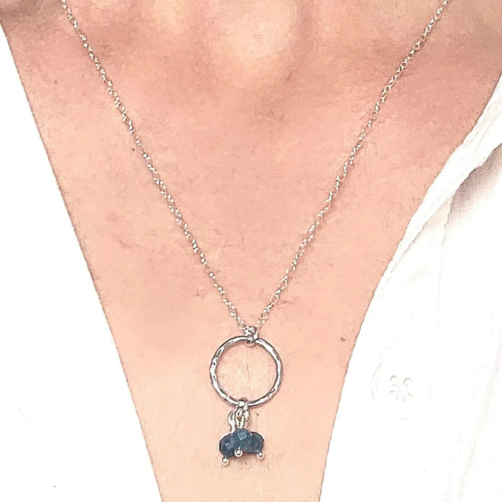 Sterling Silver Hoop Necklace with Sapphire Gemstone Trio on Model