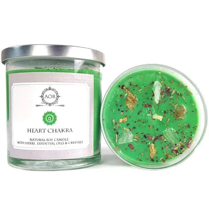 Heart Chakra Candle with crystals by Art of the Root. A soy wax candle for love, healing & chakra alignment.