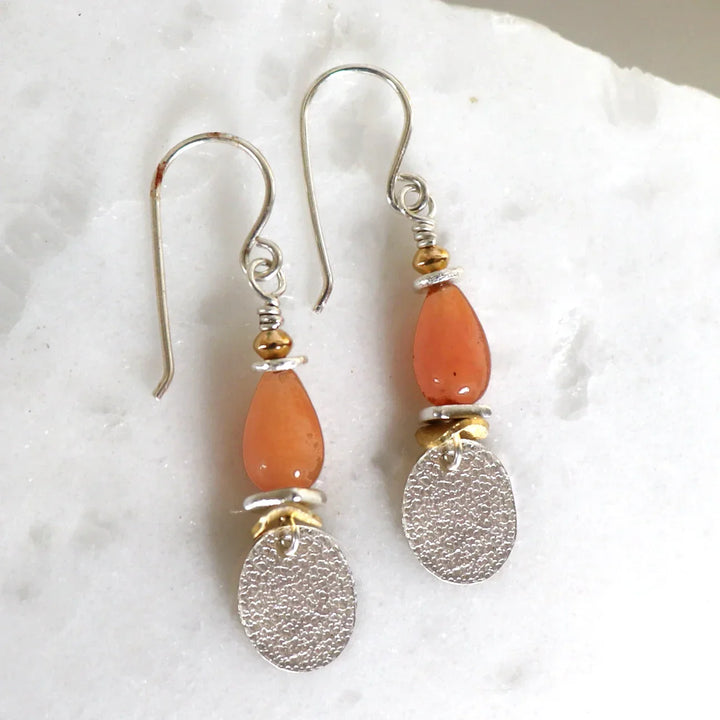 Silver Dangle Earrings with Green Quartz or Orange Jade Stones