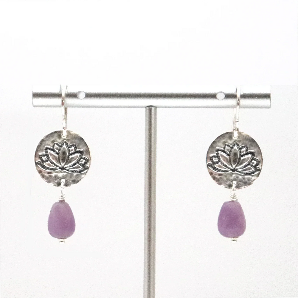 Silver Lotus Earrings with Lavender Amethyst on Stand