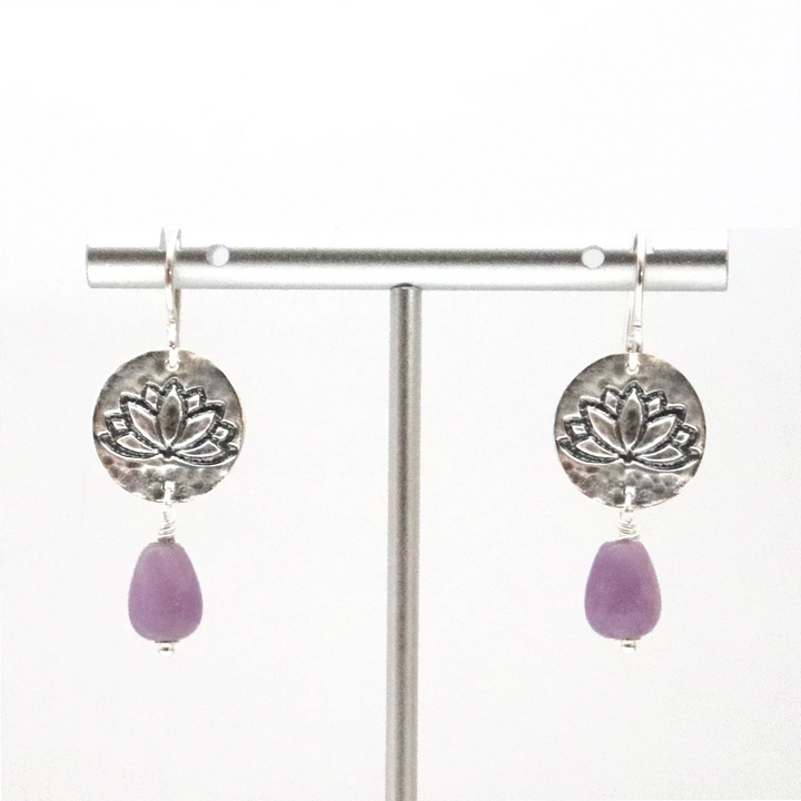 Silver Lotus Earrings with Lavender Amethyst on Stand
