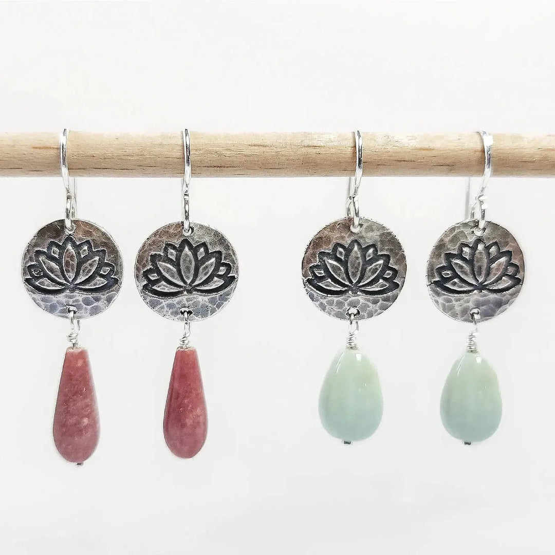 Lotus Dangle Gemstone Earrings with Rhodonite or Amazonite