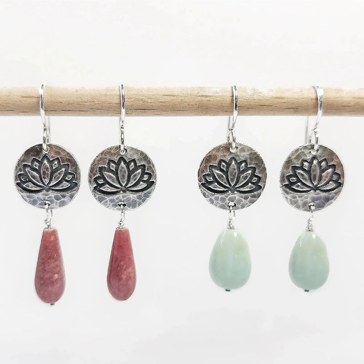 Lotus Dangle Gemstone Earrings with Rhodonite or Amazonite