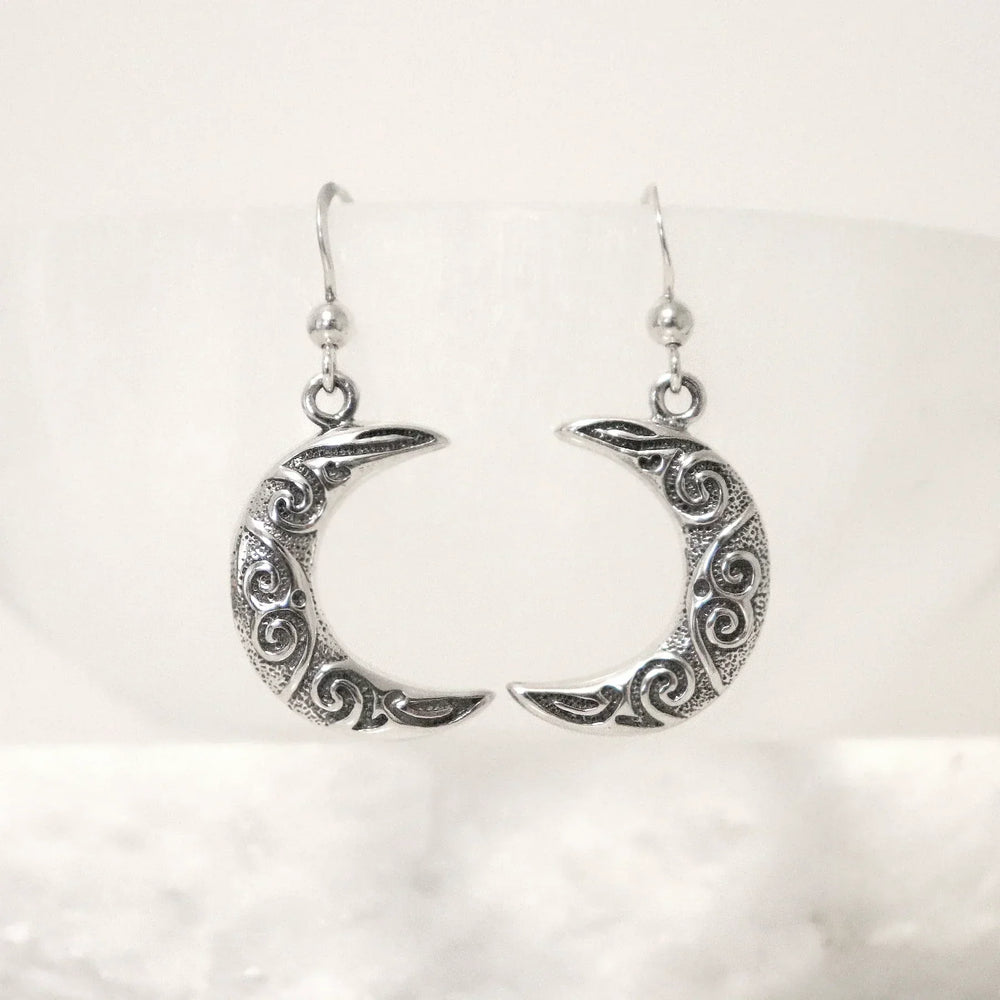 Sterling Silver Crescent Moon Earrings with Scrollwork Detail