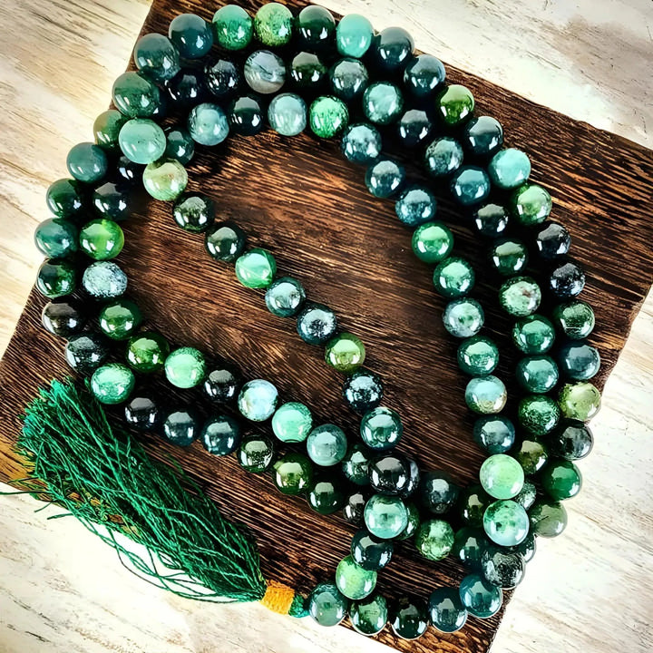Moss Agate Mala Beads for Abundance and Prosperity - Art Of The Root