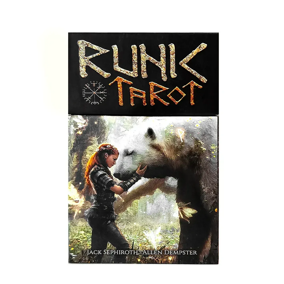 Box of rune tarot cards, “Runic Tarot” by Jack Sephiroth and Allen Dempster.