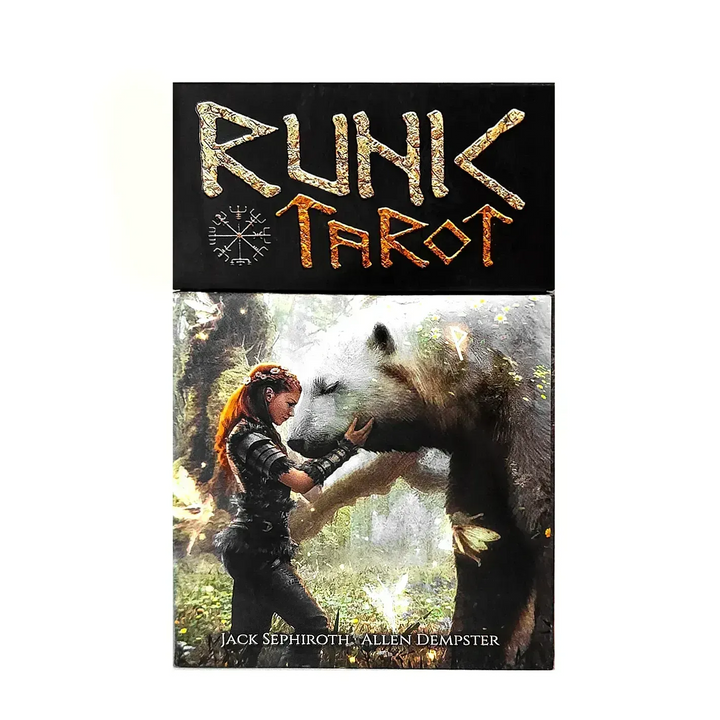 Box of rune tarot cards, “Runic Tarot” by Jack Sephiroth and Allen Dempster.